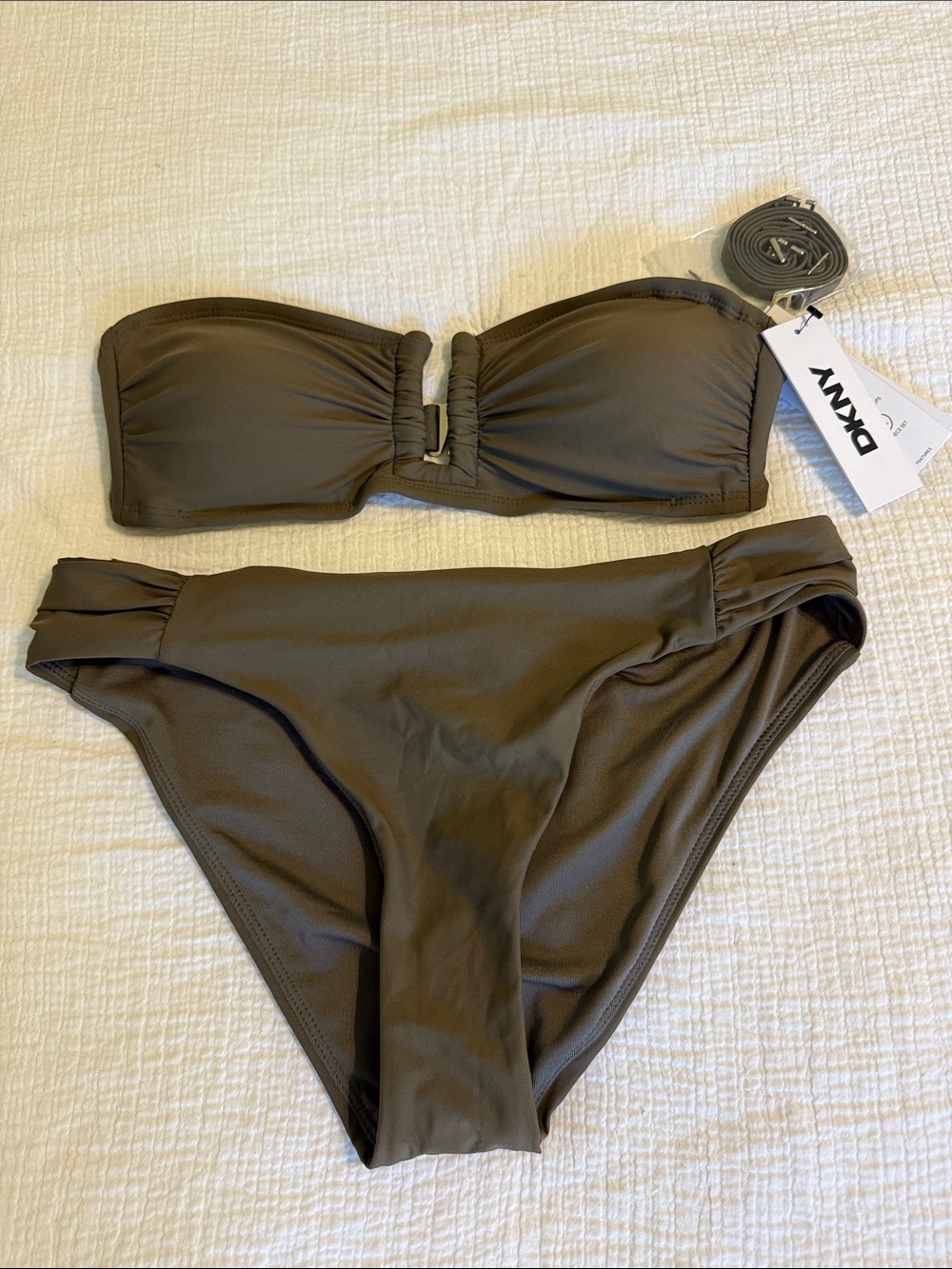DKNY Olive Green Strapless Bandeau Bikini with Center Accent